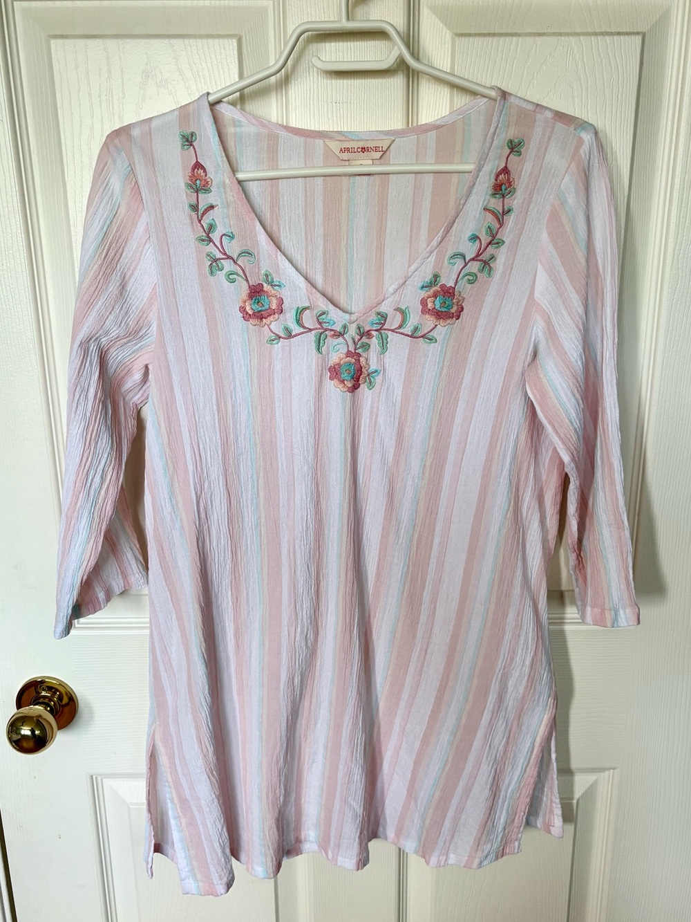 April Cornell Embroidered Floral Spring 100% Cotton Tunic Top Pink Stripe Small